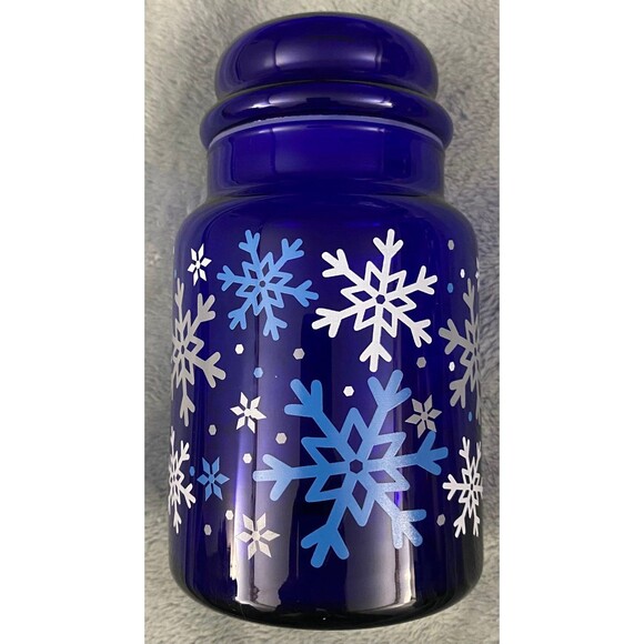 Libbey Cobalt Blue Glass 7" Apothecary Jar Canister & Lid Christmas Snowflakes - Picture 2 of 7